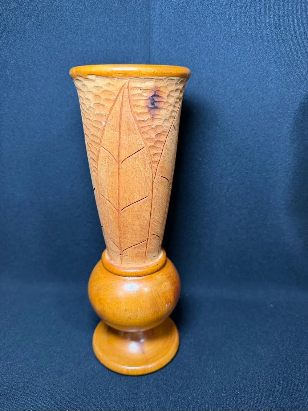 Vintage Brown Hand Crafted/Carved/Turned Wooden Leaf Vase 9.75”H x 3.25”Dia